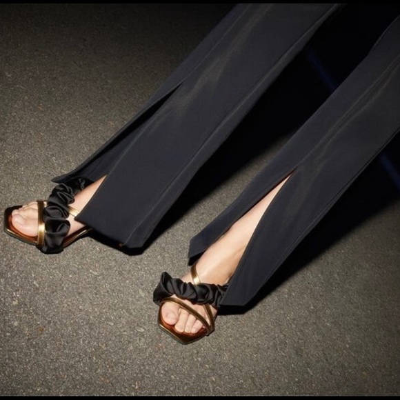 ZARA 100% LEATHER BLUE COLLECTION RUFFLE GOLD MULE HEELS NEW WITH TAGS US 6.5 - Picture 3 of 7